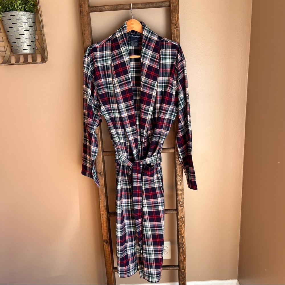 Polo Ralph Lauren Men’s Cotton Robe in Navy, Red & White Plaid Tartan